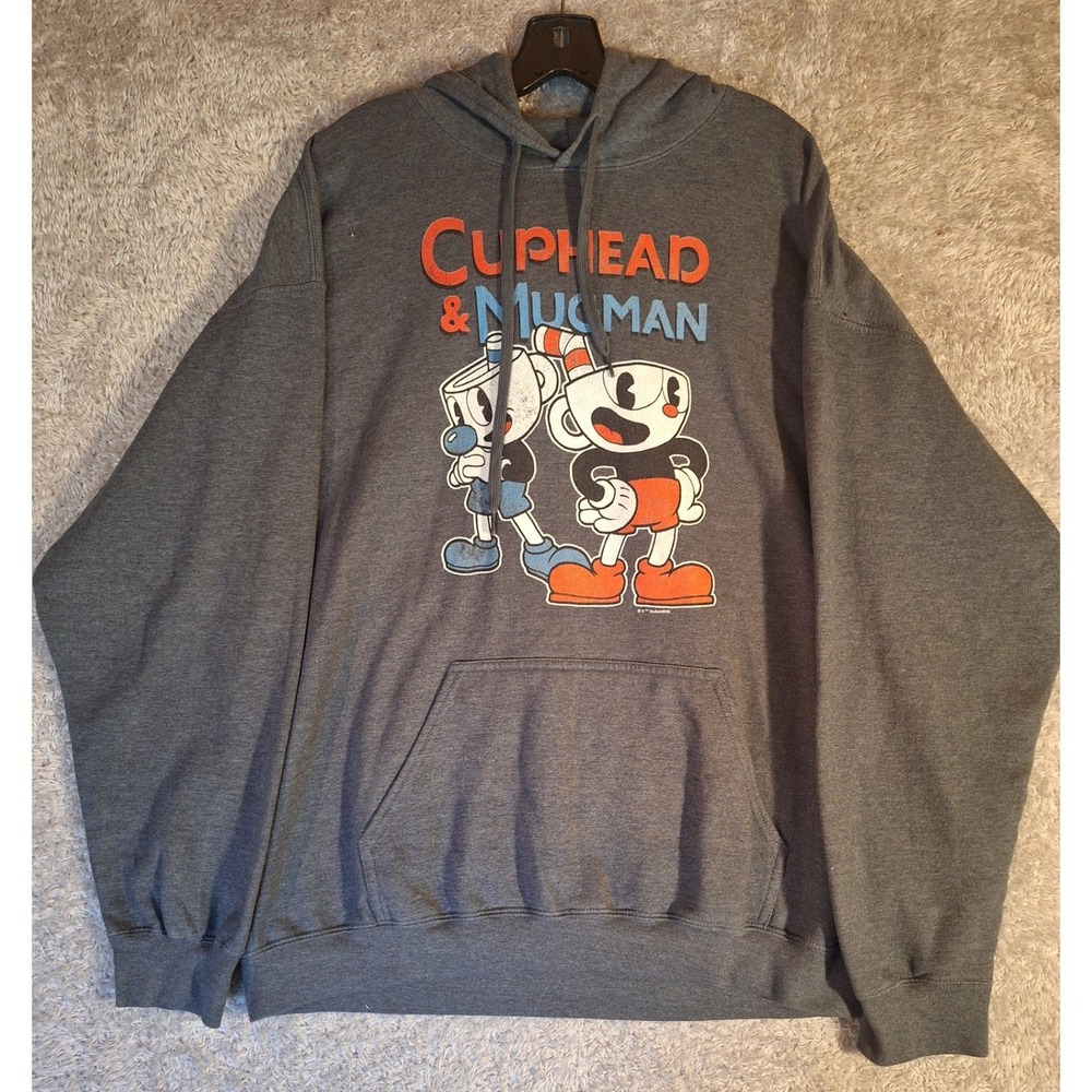 Gildan Cuphead & Mugman Graphic Hoodie Gray XL Video Game Pullover Fleece Soft